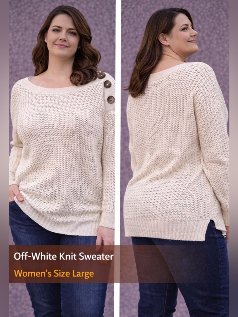 Time and Tru Cream Off-the-Shoulder Button-Shoulder Knit Sweater LARGE